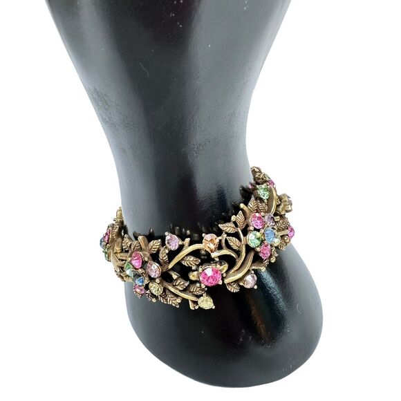 Vintage Set Signed CORO Bracelet 7" & Earrings Antique Gold Tone Rhinestones - Picture 6 of 16